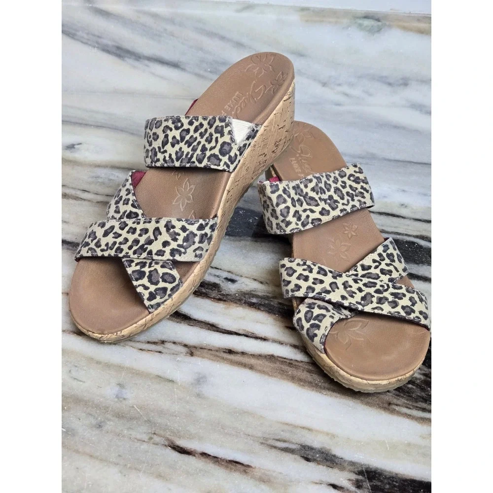Skechers Luxe Foam Leopard Print Wedge Sandals Womens 10 Tan Black 32964